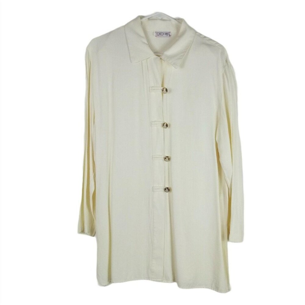 Vintage Tunic Blouse Womens L Ivory USA Made Metal Button Minimalist 80s Elegant